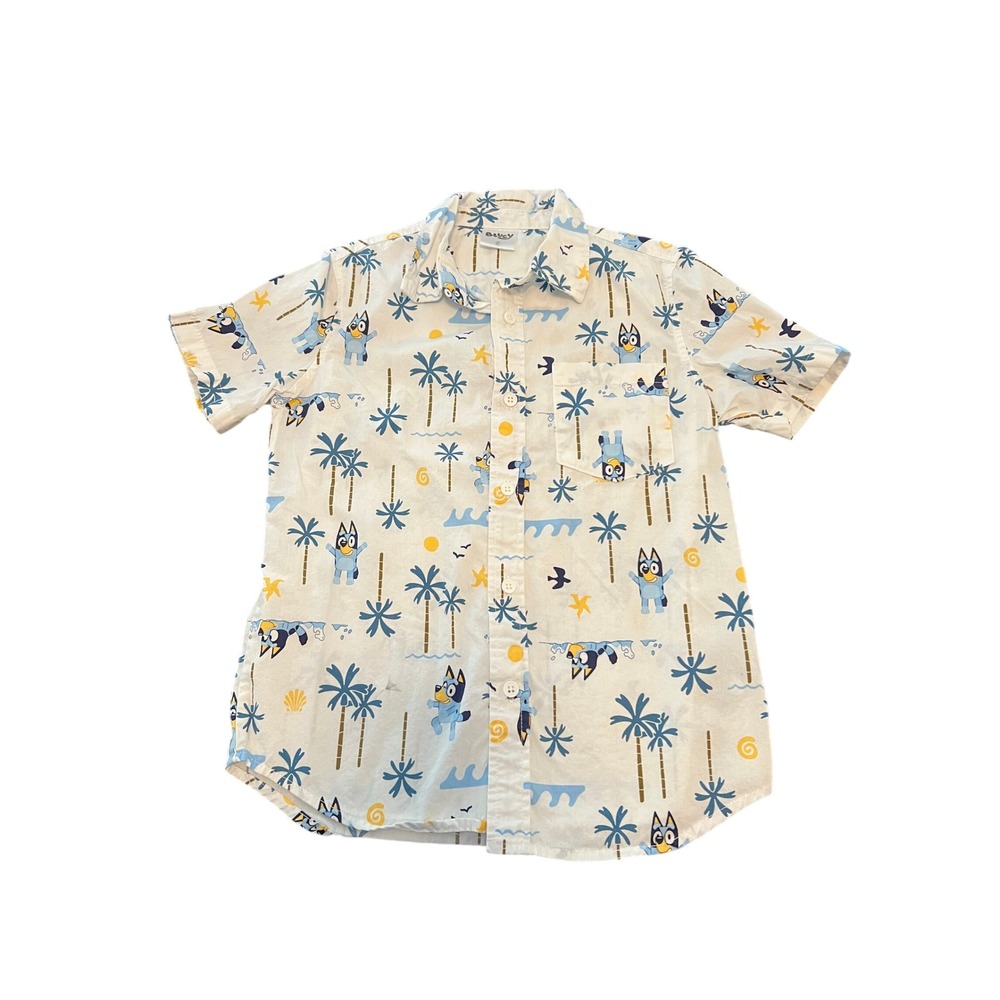 Bluey Boys Small White Tropical Palm Tree Button‎ Down Short Sleeve Shirt Cotton